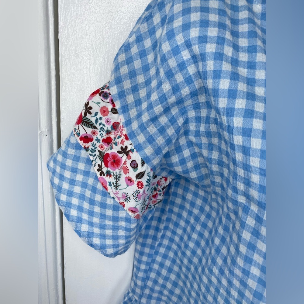 Matilda Jane Rural Route Blue Seersucker Peplum Gingham Women’s w Floral Accents - Picture 4 of 5